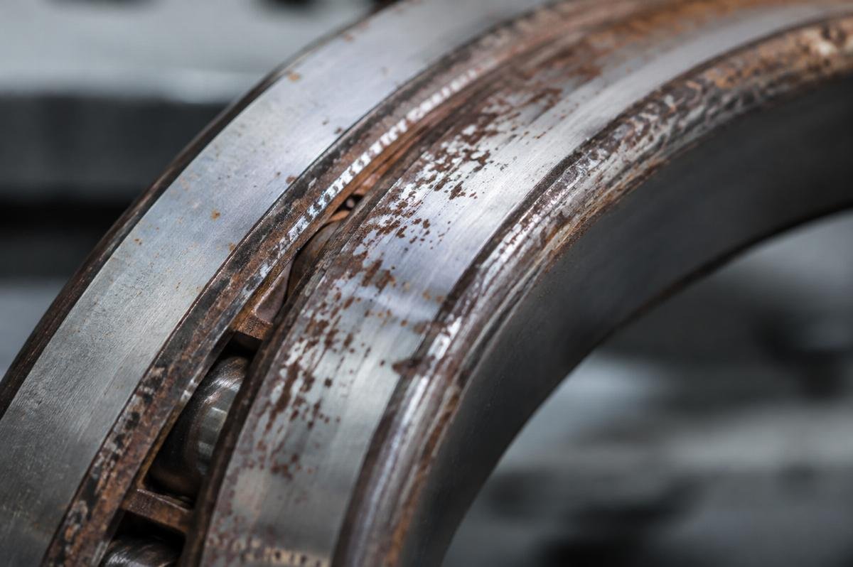 Close-up of corroded bearing raceway with visible rust pitting on rolling contact surface