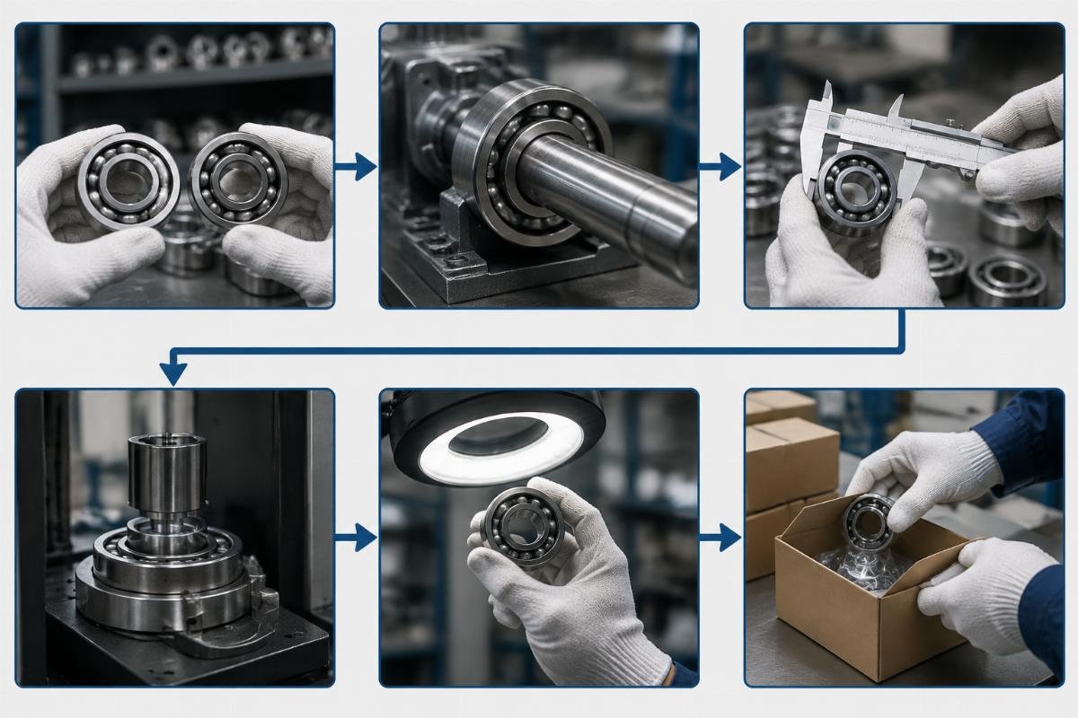 Cross-reference checklist flowchart showing six verification steps for safe SKF-NTN interchange