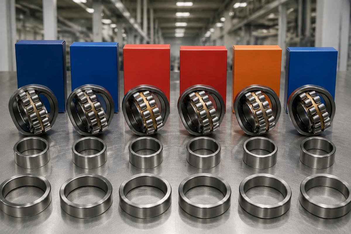 Cross-reference matrix showing dimensional and clearance equivalence across SKF, NTN, NSK, FAG, TIMKEN, and KOYO spherical roller bearings
