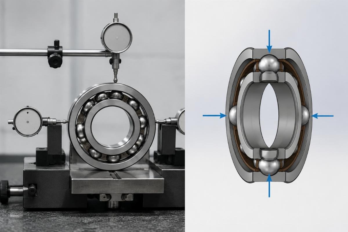 Cross-section diagram showing radial internal clearance measurement points per ISO 5753