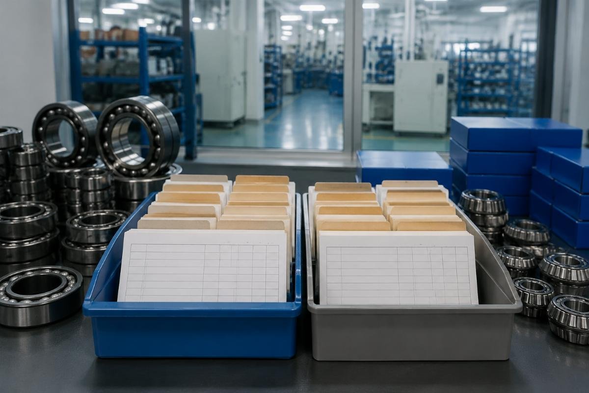 Inventory ledger cards showing separate SKF and NTN batch tracking with FIFO date stamps