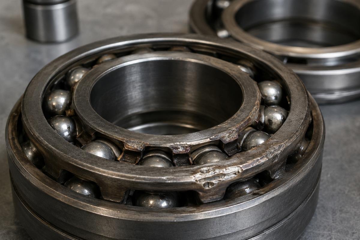 Photo-style illustration of bearing cage wear caused by rolling element skidding due to excessive clearance