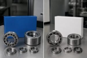 Side-by-side comparison of SKF and NTN bearing designation structures showing basic code, dimension series, and suffix placement