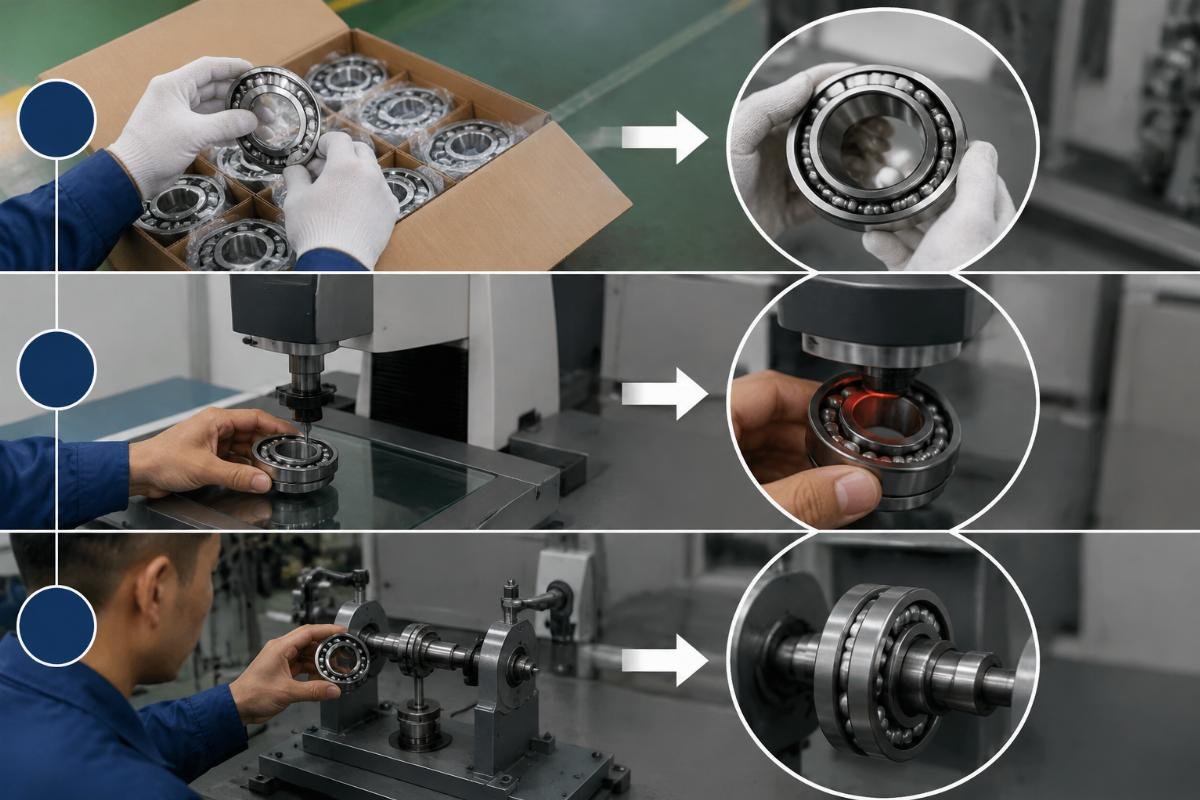 Step-by-step infographic of the three-layer bearing authenticity verification process