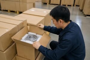 Warehouse inspector opening a sealed NTN bearing carton to verify inner packaging and QR codes