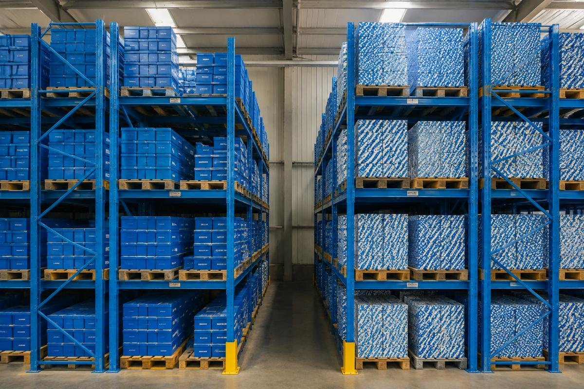 Warehouse rack system with clearly labeled brand zones for SKF and NTN bearing storage